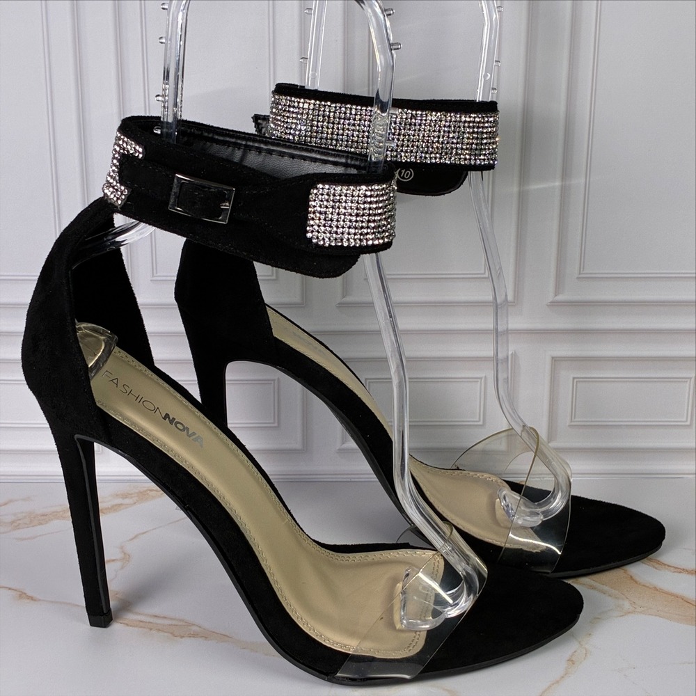 Fashion Nova Womens Black Suede Rhinestone Ankle Strap Clear Stiletto Heels 10